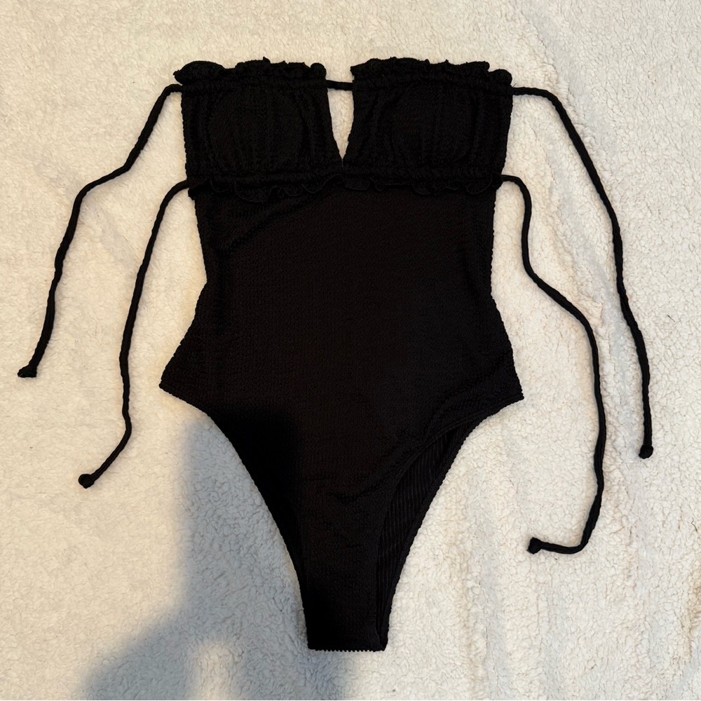 Black Ribbed One-Piece Swimsuit with Tie Straps